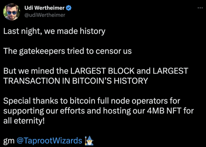 Dòng thông báo của Udi Wertheimer về sự kiện Bitcoin NFT đầu tiên ra đời vào ngày 02/02/2023.